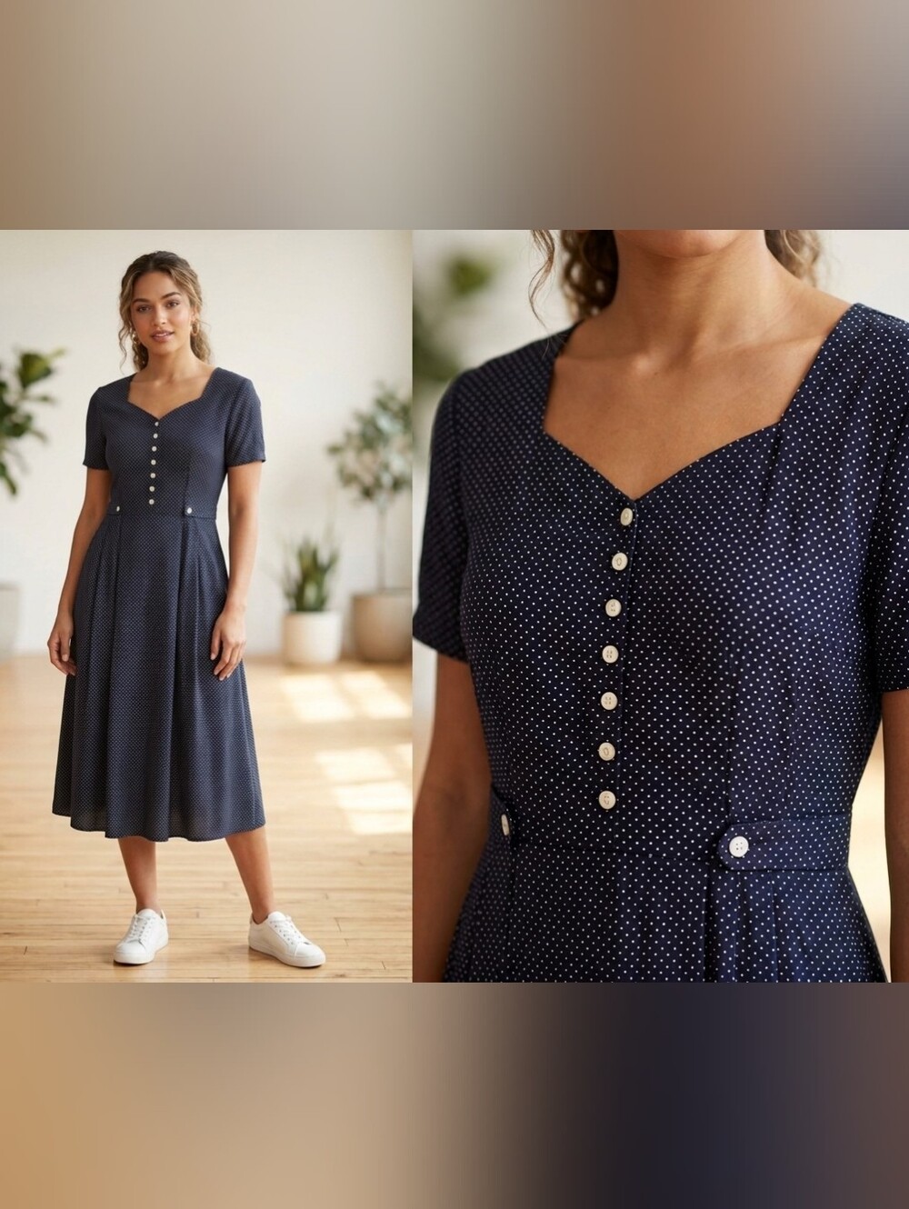 VTG S.ROBERTS Navy Polka Dot Midi Dress Sz 7/8(M)Sweetheart Neckline Cottagecore